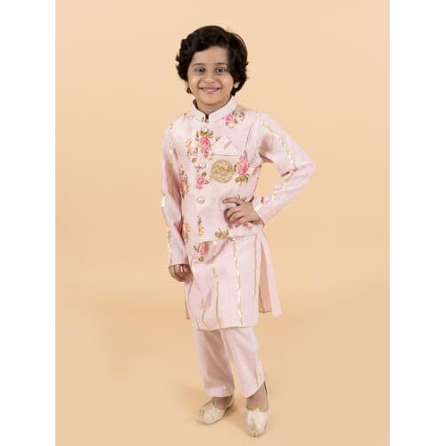 Pspeaches Kids-Boys Pink Floral Printed Pure Cotton Kurta With Trousers And Nehru Jacket