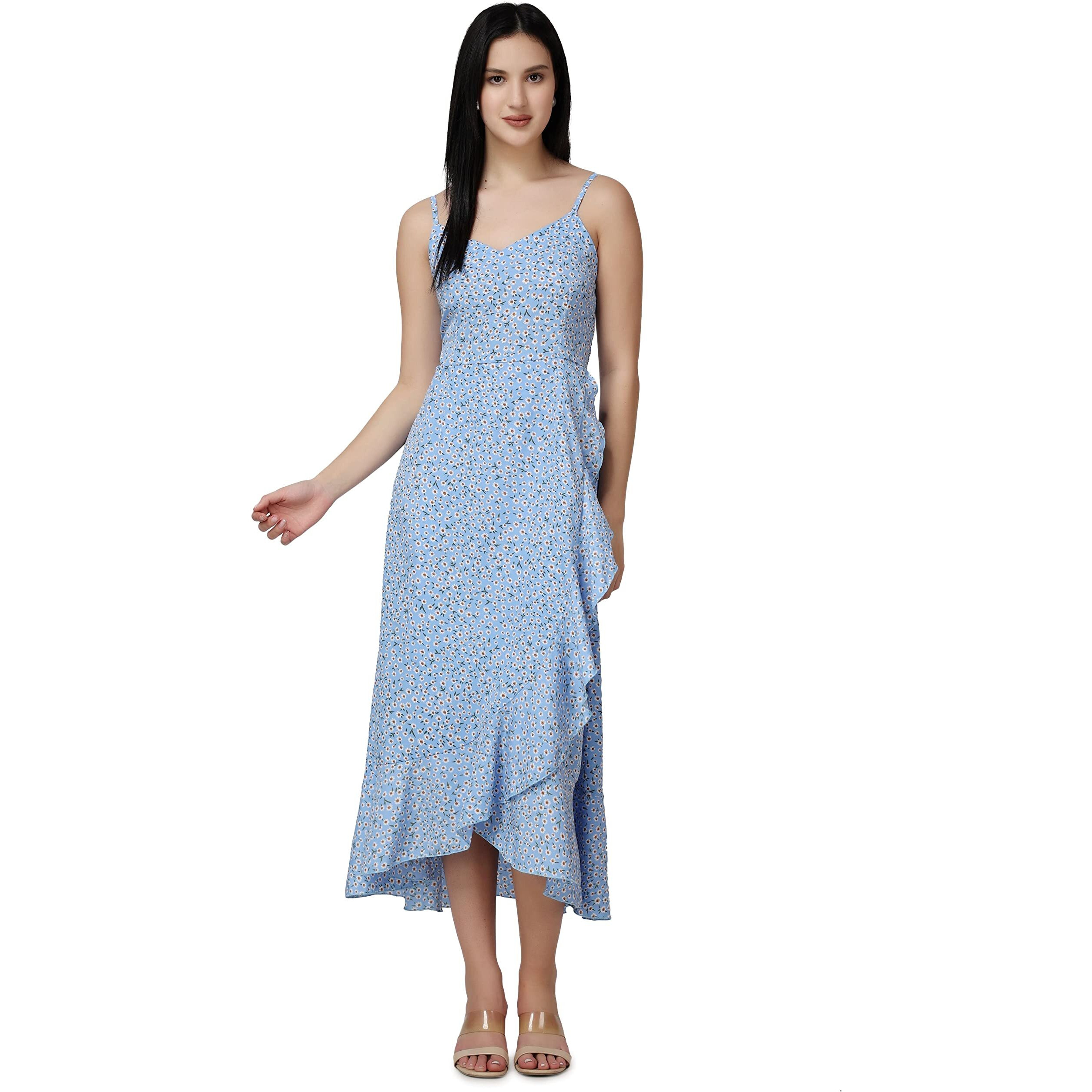 Popwings Casual Floral Printed Midi Frill Strap Dress For Women || Sleeveless Midi-Length Women Dress || V-Neck Maxi Dress For Women || Latest Stylish Western Summer Women Dress Blue