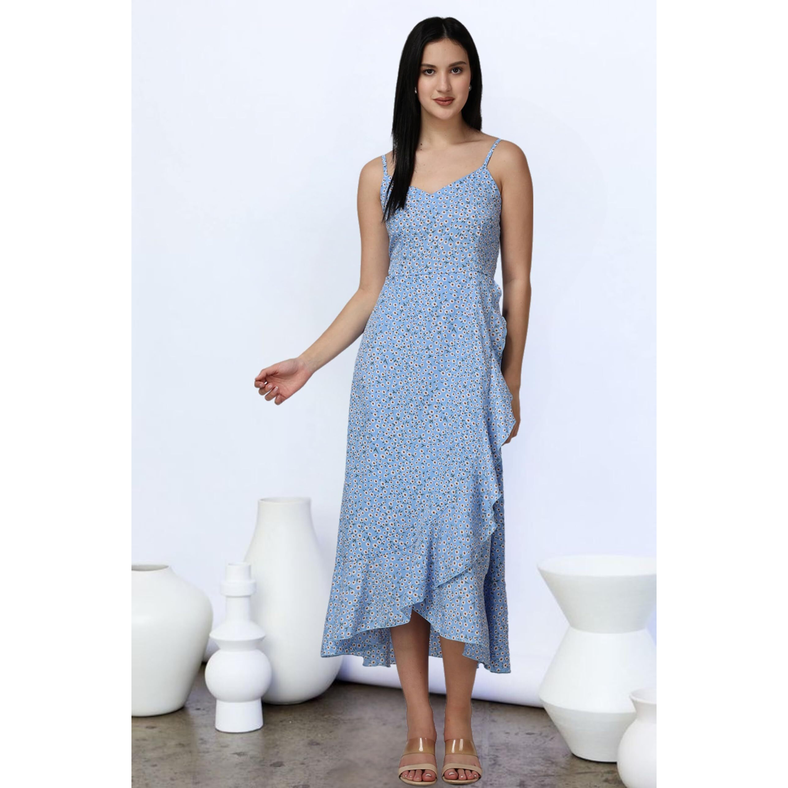 Popwings Casual Floral Printed Midi Frill Strap Dress For Women || Sleeveless Midi-Length Women Dress || V-Neck Maxi Dress For Women || Latest Stylish Western Summer Women Dress Blue