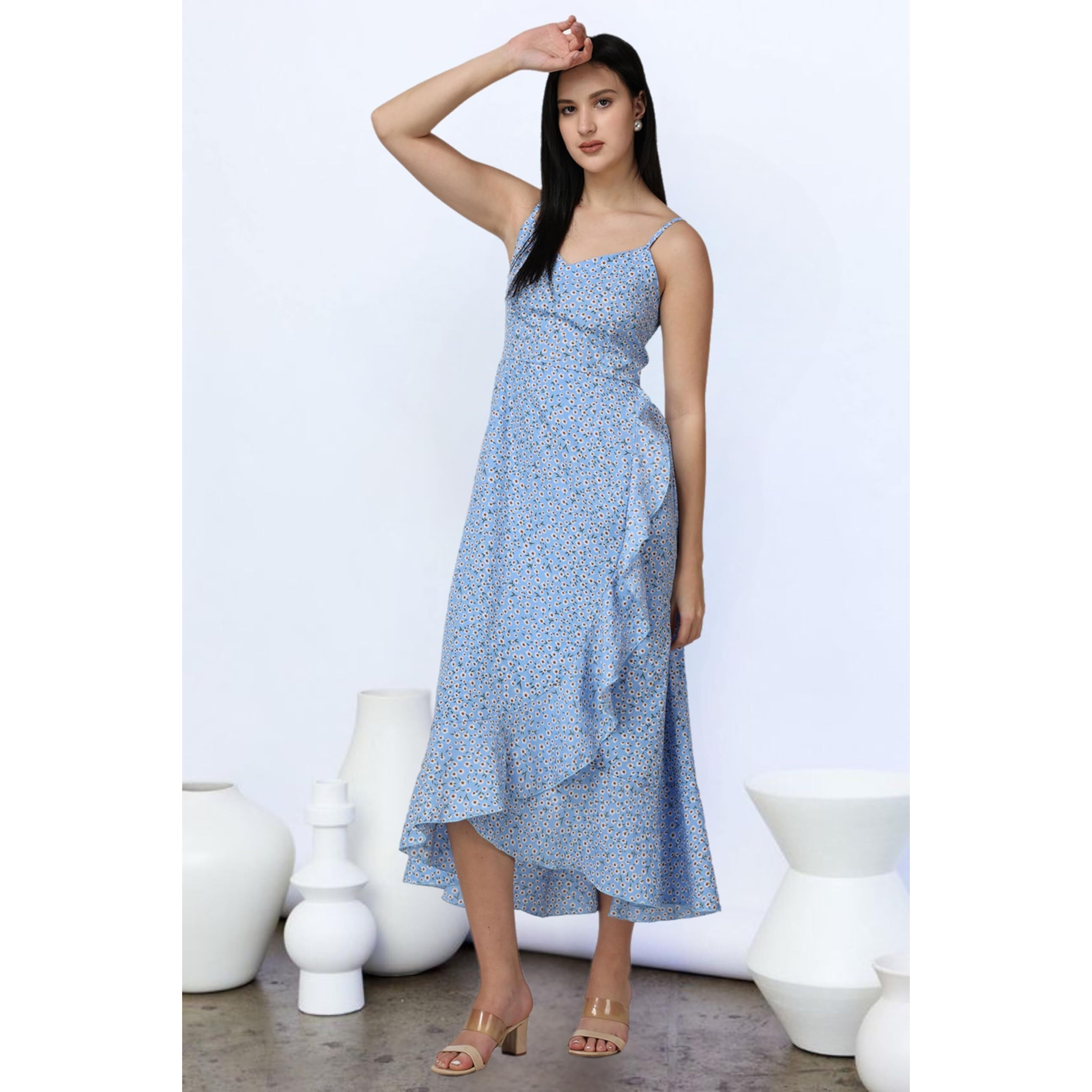 Popwings Casual Floral Printed Midi Frill Strap Dress For Women || Sleeveless Midi-Length Women Dress || V-Neck Maxi Dress For Women || Latest Stylish Western Summer Women Dress Blue