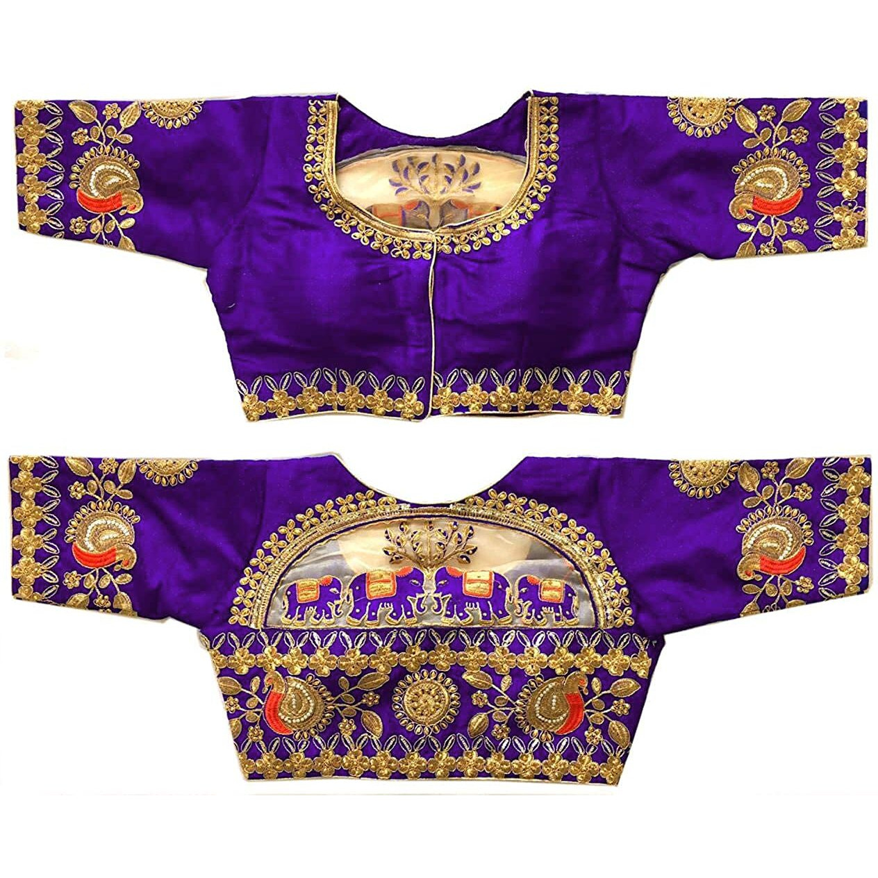 Pujia Mills Women's Silk Embroidery Half Sleeve Blouse (Old Dumbo Blouse_Purple_38)