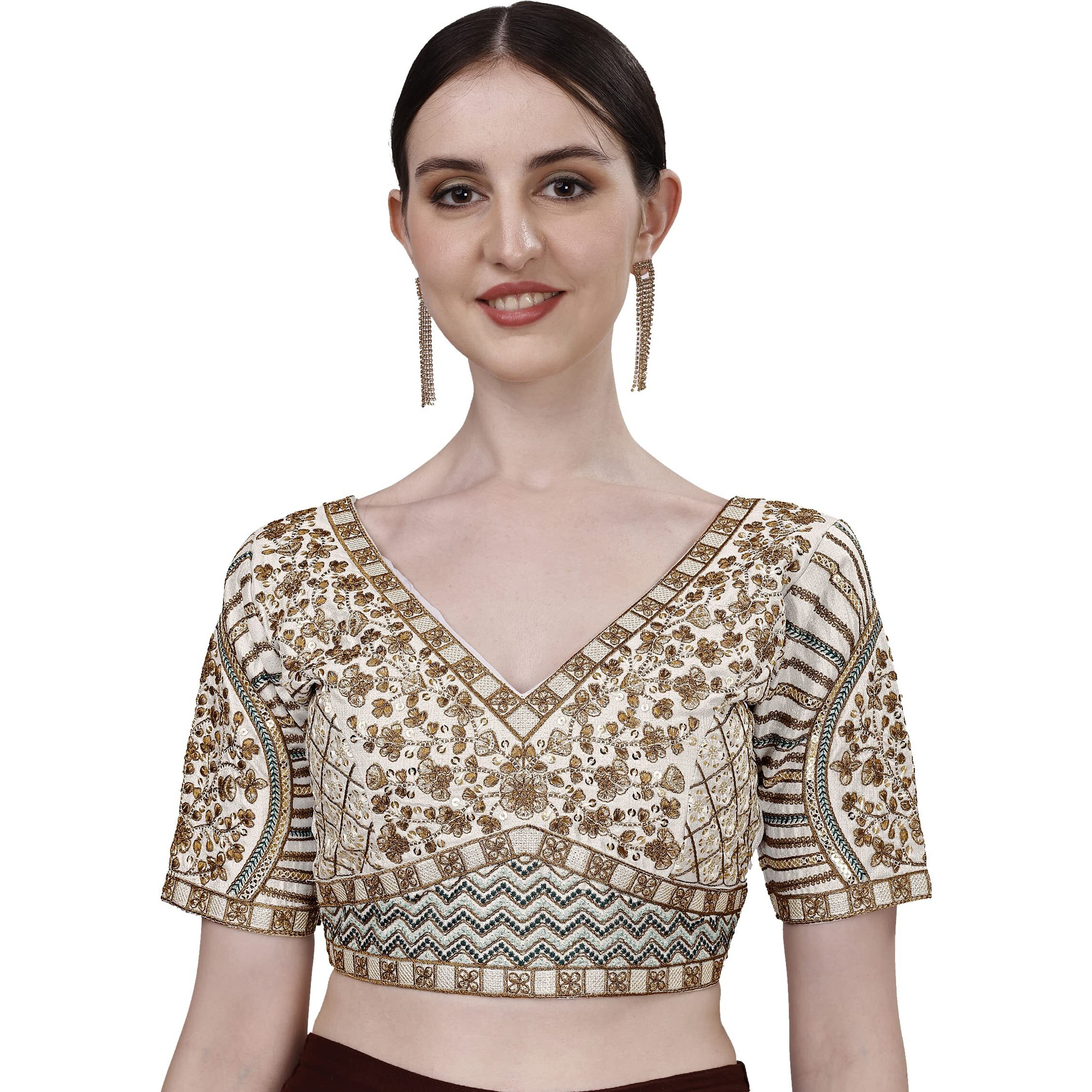 Pujia Mills Mills Women's Fancy Readymade Heavy Coding Embroidary Worked Half Sleeve Multicolor Saree Blouse(Mushroom) (White, 42)