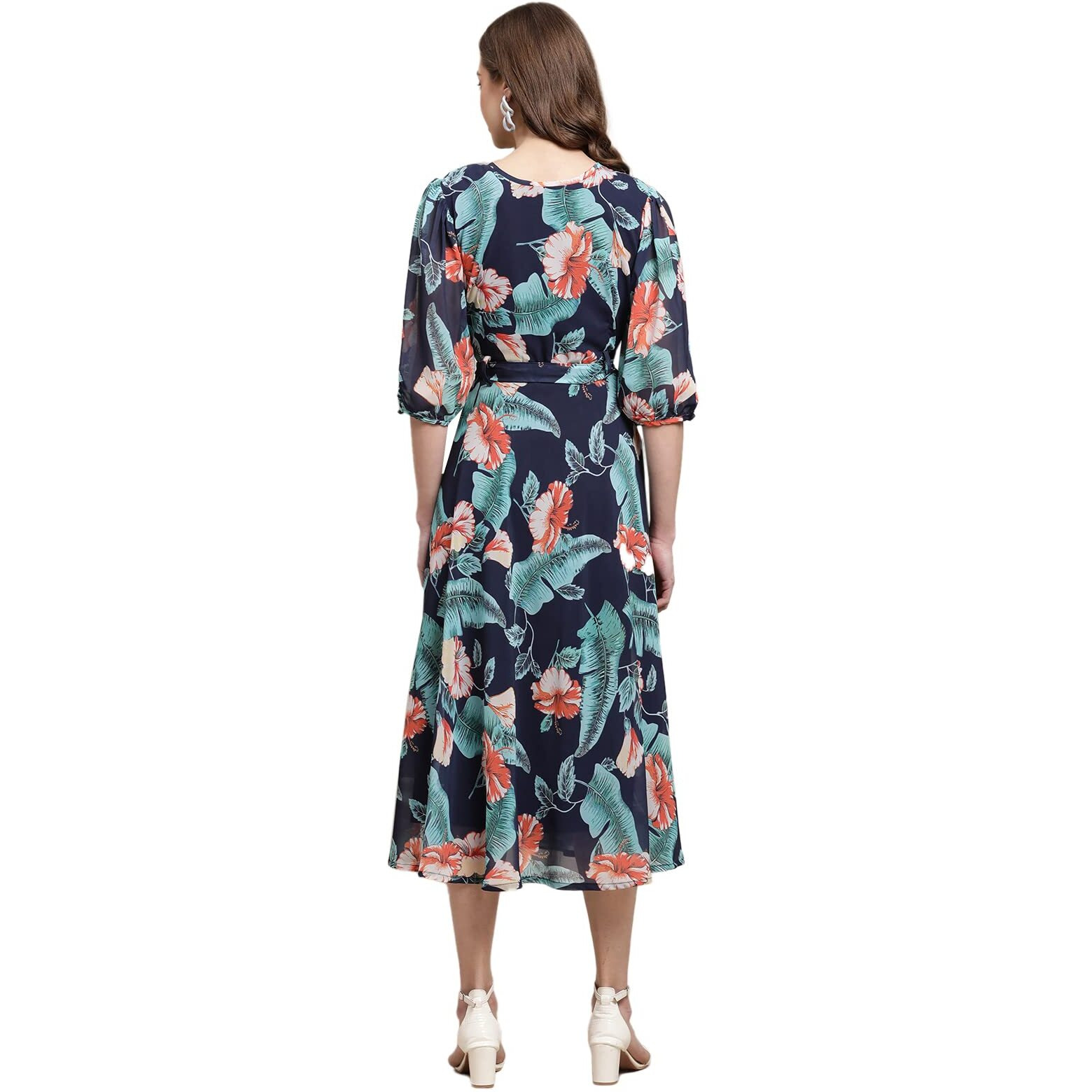 Preneum Women's Maxi Fit & Flare Latest Style Print Georgette Regular Sleeves Casual Summer Maxi | Festival & Occasion, Navy Blue, S