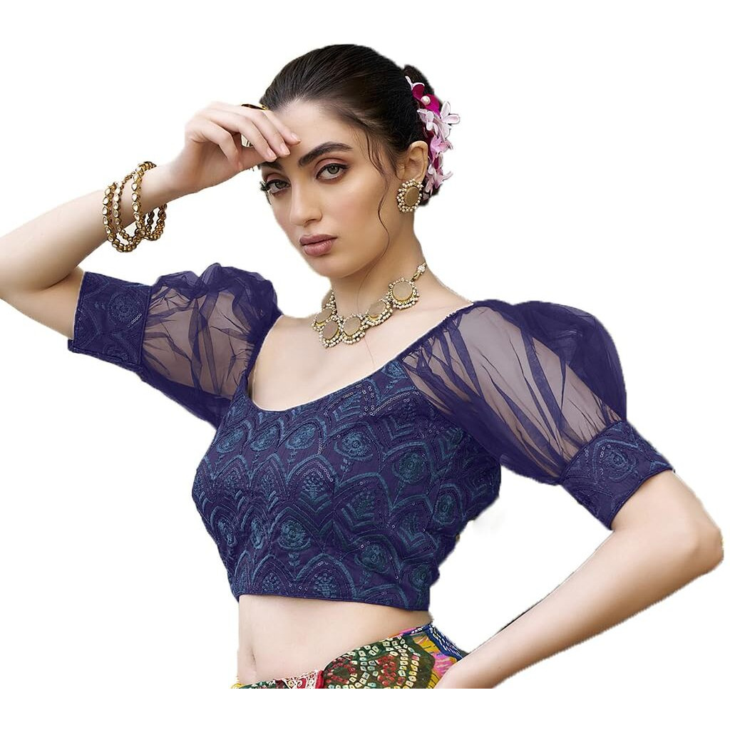 Pujia Mills Womens Net Fabrics Round Neck Puff Sleeve Blouse (Navy Blue, 38)