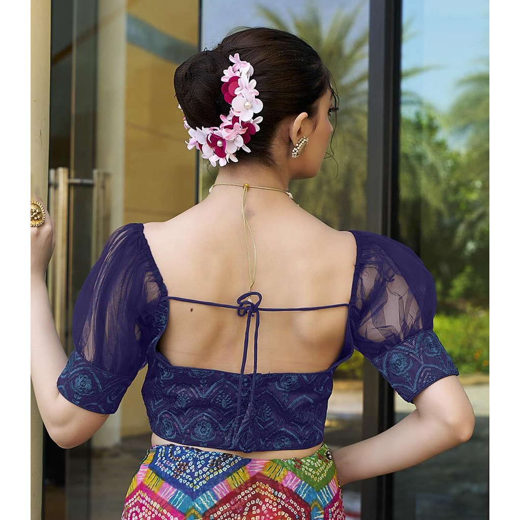 Pujia Mills Womens Net Fabrics Round Neck Puff Sleeve Blouse (Navy Blue, 38)