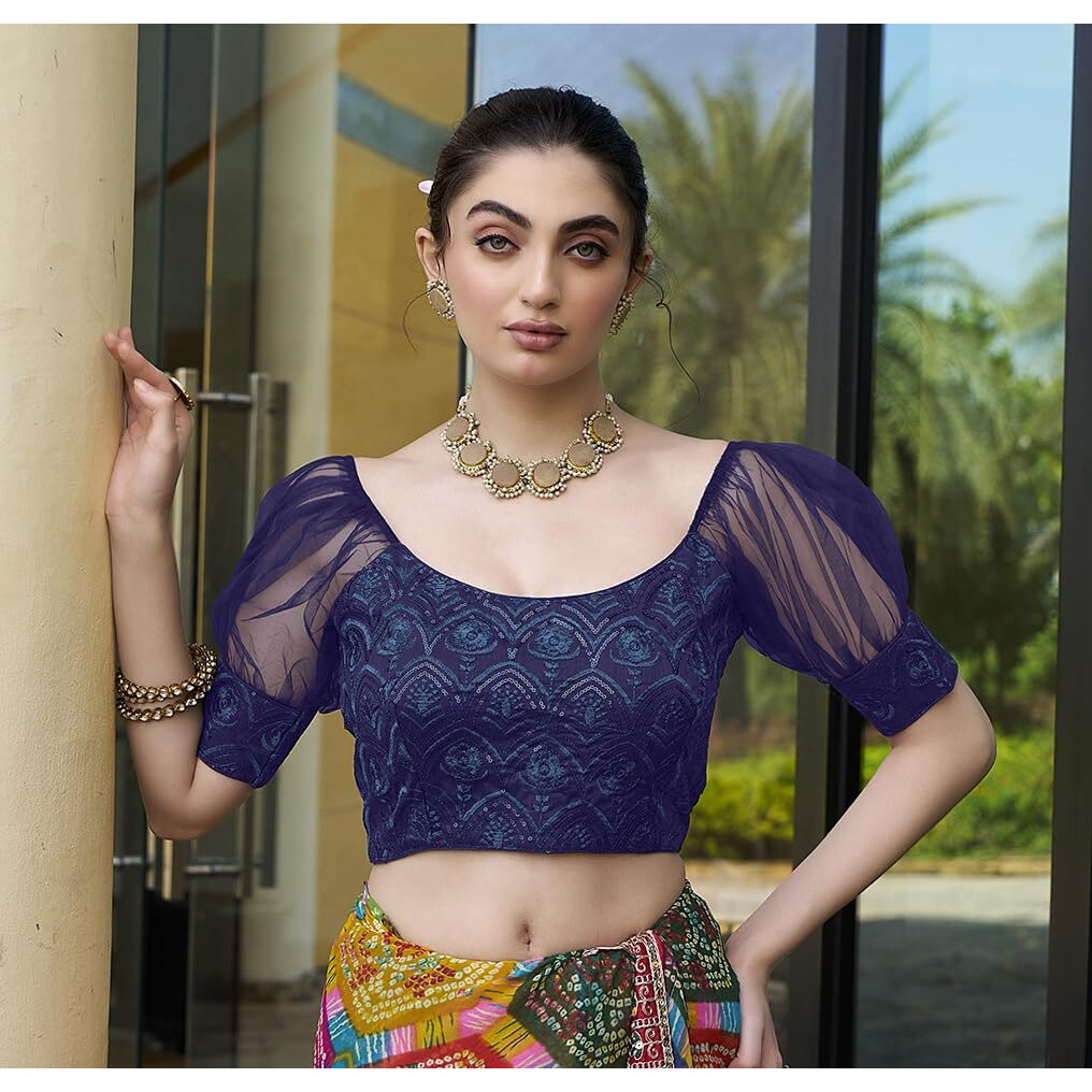 Pujia Mills Womens Net Fabrics Round Neck Puff Sleeve Blouse (Navy Blue, 38)