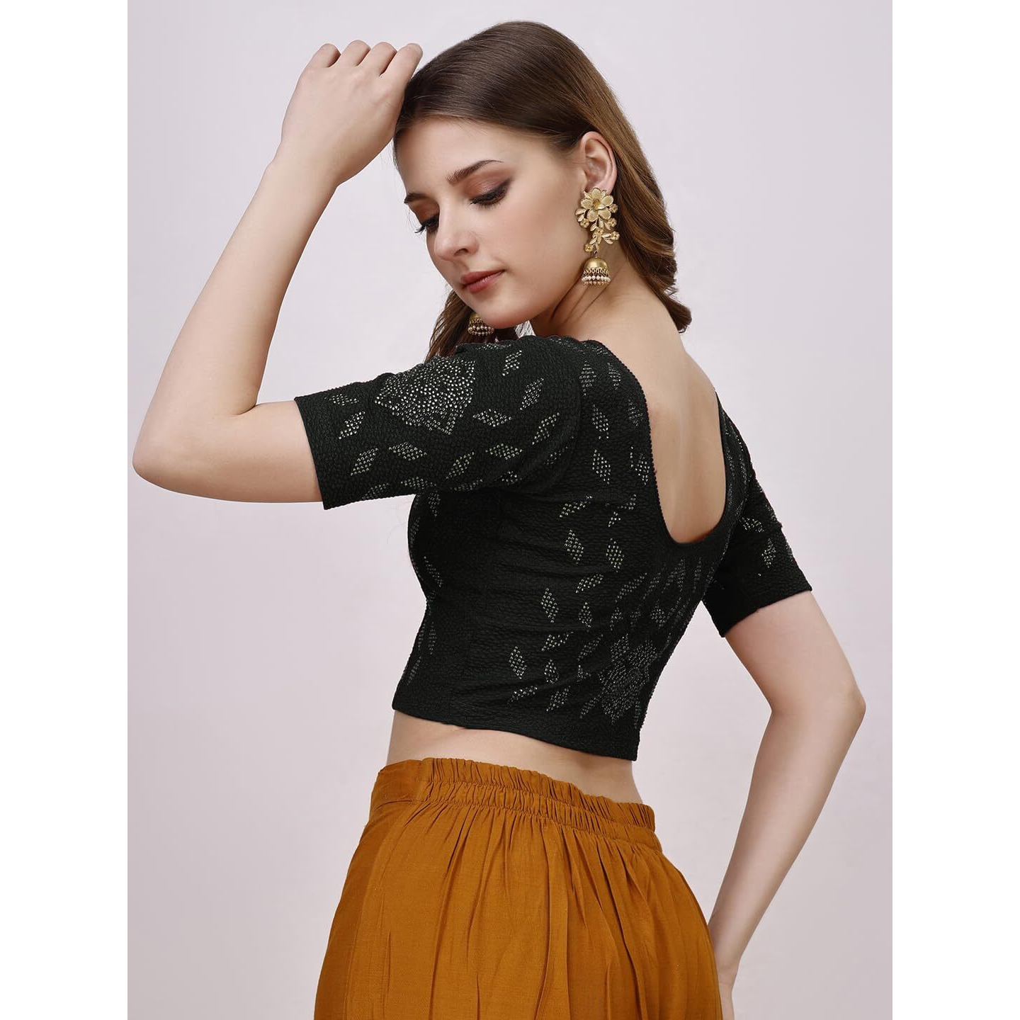 Pujia Mills Women's Embroidery Half Sleeve Stretch Blouse (Pm Lycra Bindi Black 2Xl