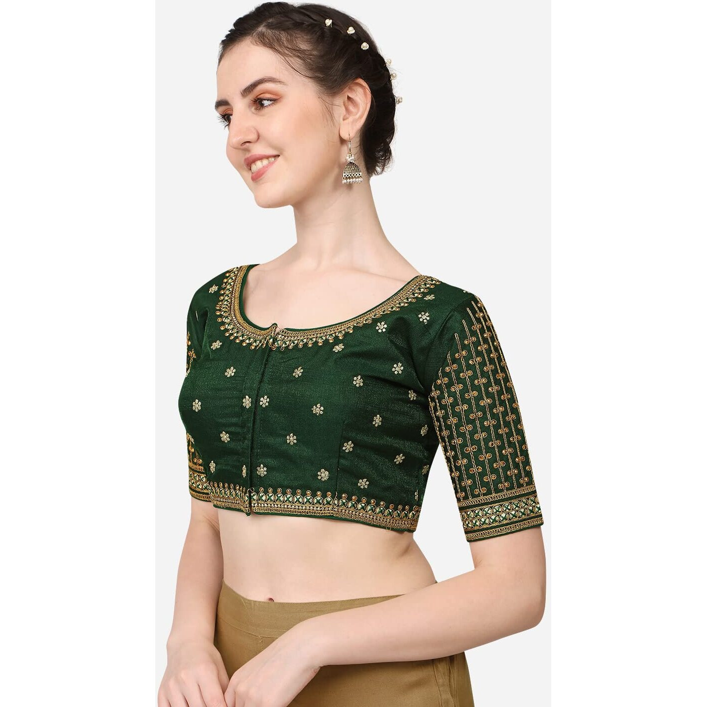 Pujia Mills Women's Cobra Silk Embroidery Coding Stone Work Half Sleeve Saree Blouse