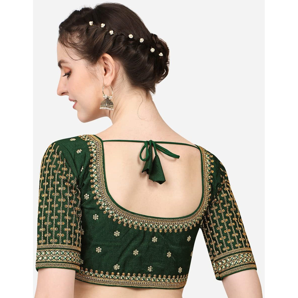 Pujia Mills Women's Cobra Silk Embroidery Coding Stone Work Half Sleeve Saree Blouse