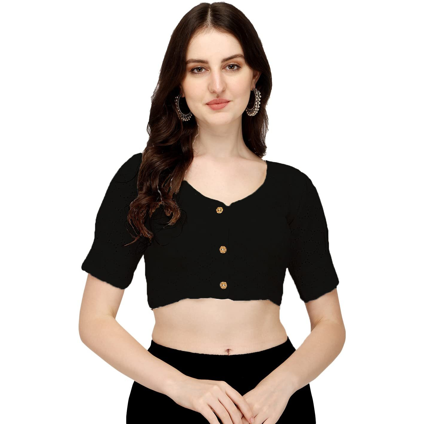 Pujia Mills Women's Cotton Chikankari Embroidery Work Readymade Saree Blouse (32, Black)