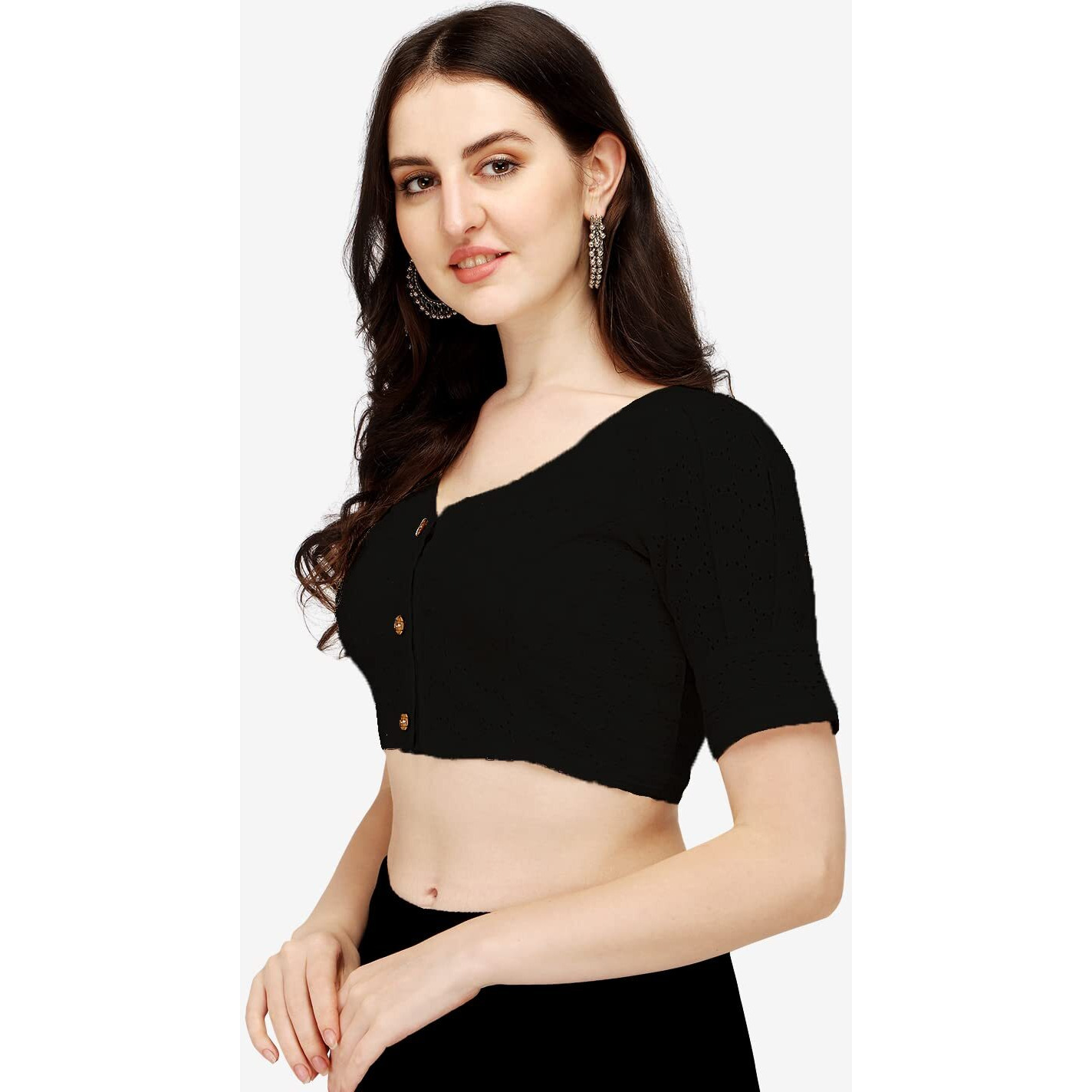 Pujia Mills Women's Cotton Chikankari Embroidery Work Readymade Saree Blouse (32, Black)