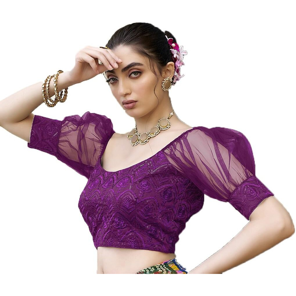 Pujia Mills Womens Net Fabrics Round Neck Puff Sleeve Blouse (Wine, 32)