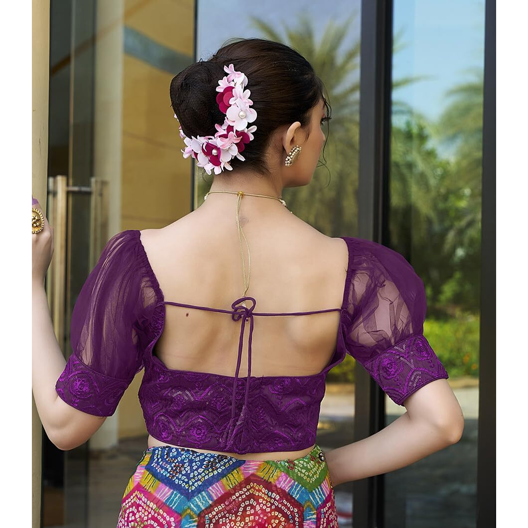 Pujia Mills Womens Net Fabrics Round Neck Puff Sleeve Blouse (Wine, 32)