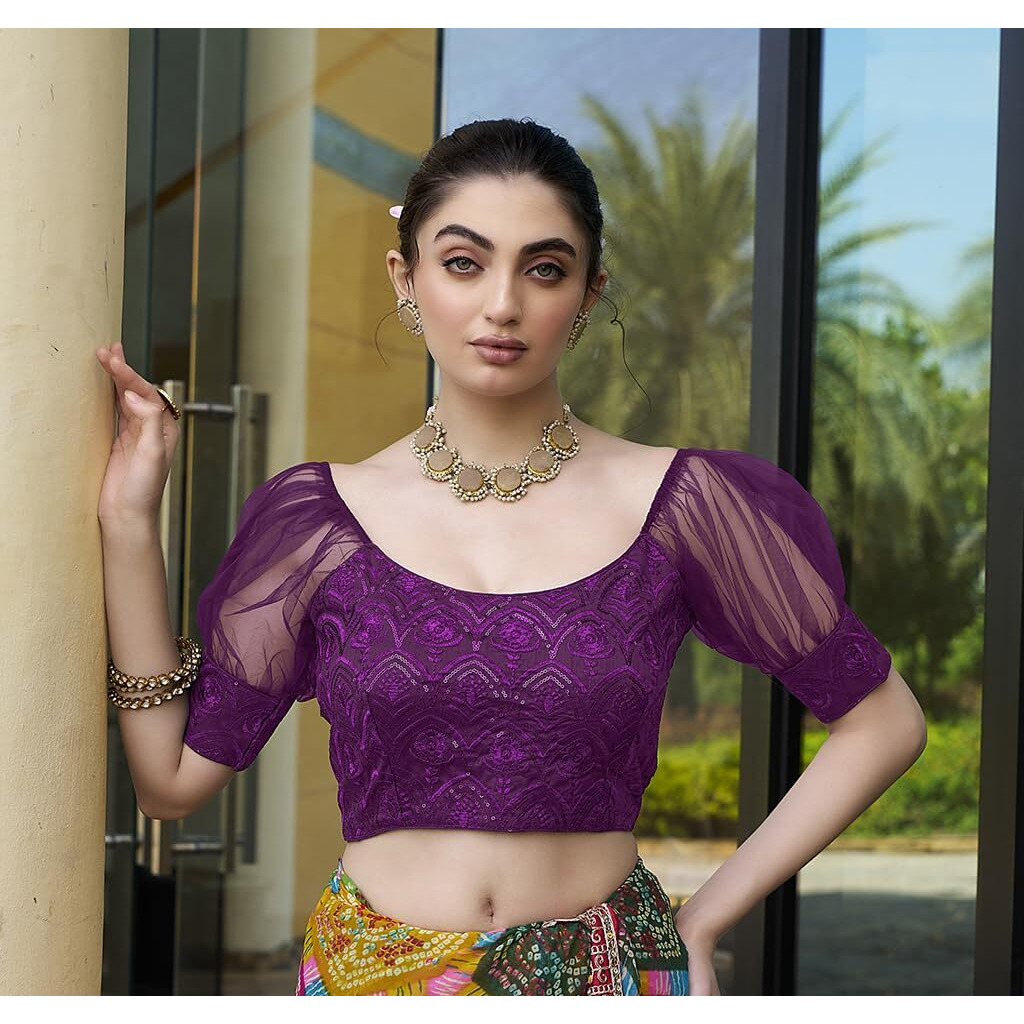 Pujia Mills Womens Net Fabrics Round Neck Puff Sleeve Blouse (Wine, 32)