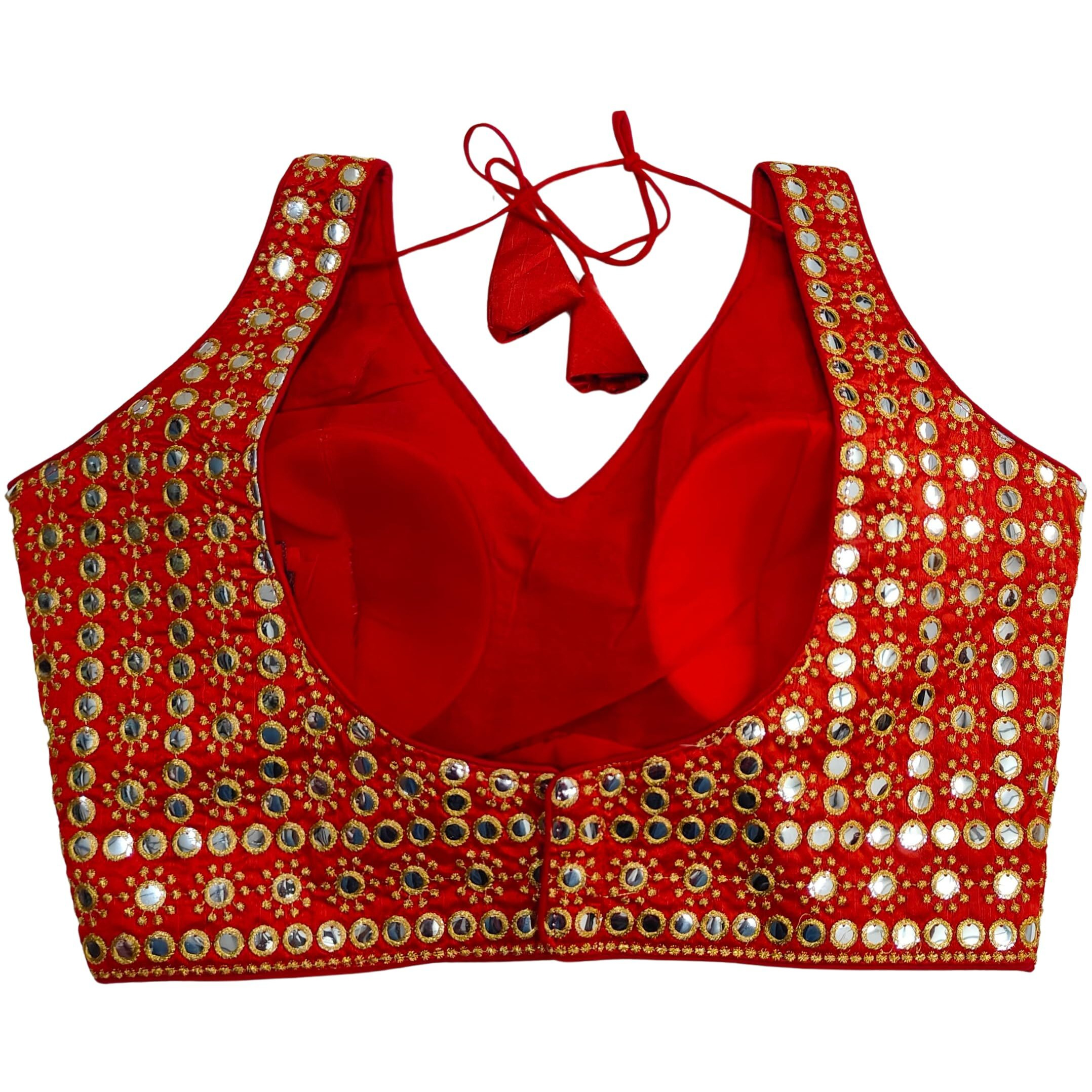 Pujia Mills Women's Readymade Blouse Sleeveless Blouse Embroidery Jari Work Mirror Blouse Handwork Milan Silk Saree Blouse For Saree And Lehenga Choli (B101 Red 38)