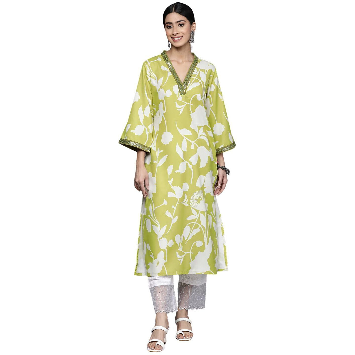 Rytras Women's Embroidered Printed Straight Kurta(Ryt514,Green,S)