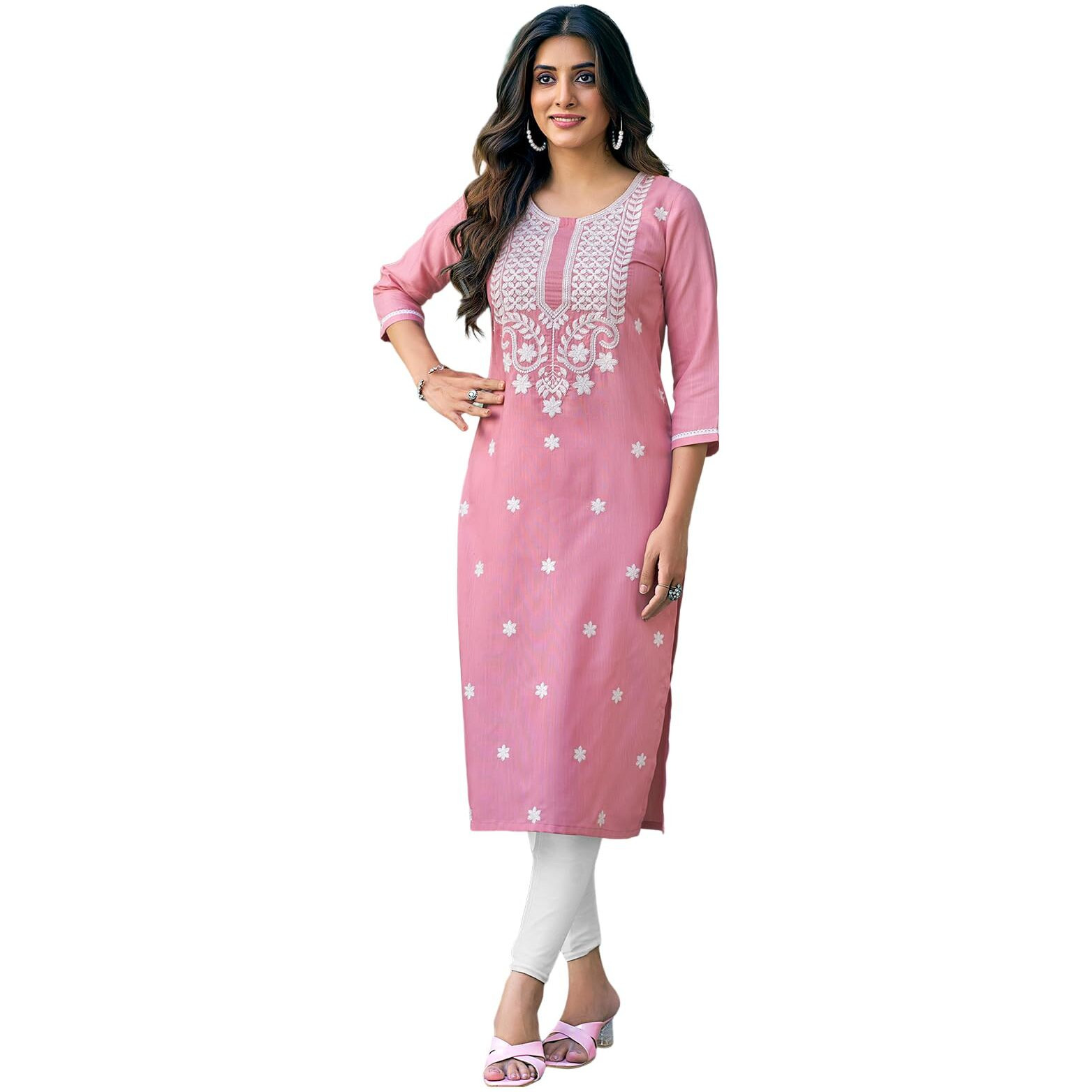 Sanisa Women's Sequence Embroidery Cotton Blend Straight Ethnic Kurti (473K10015N-Xl_Rose Pink)