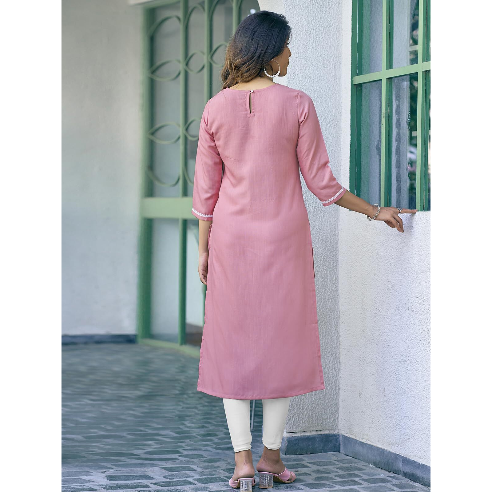 Sanisa Women's Sequence Embroidery Cotton Blend Straight Ethnic Kurti (473K10015N-Xl_Rose Pink)