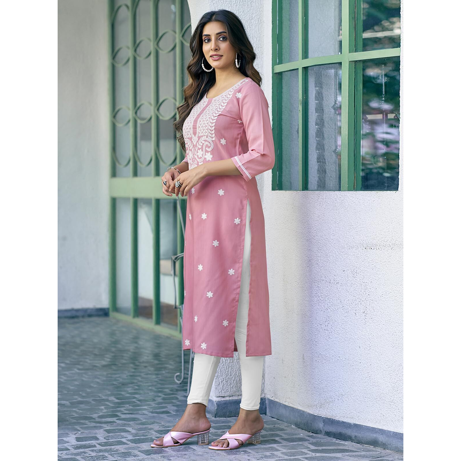 Sanisa Women's Sequence Embroidery Cotton Blend Straight Ethnic Kurti (473K10015N-Xl_Rose Pink)