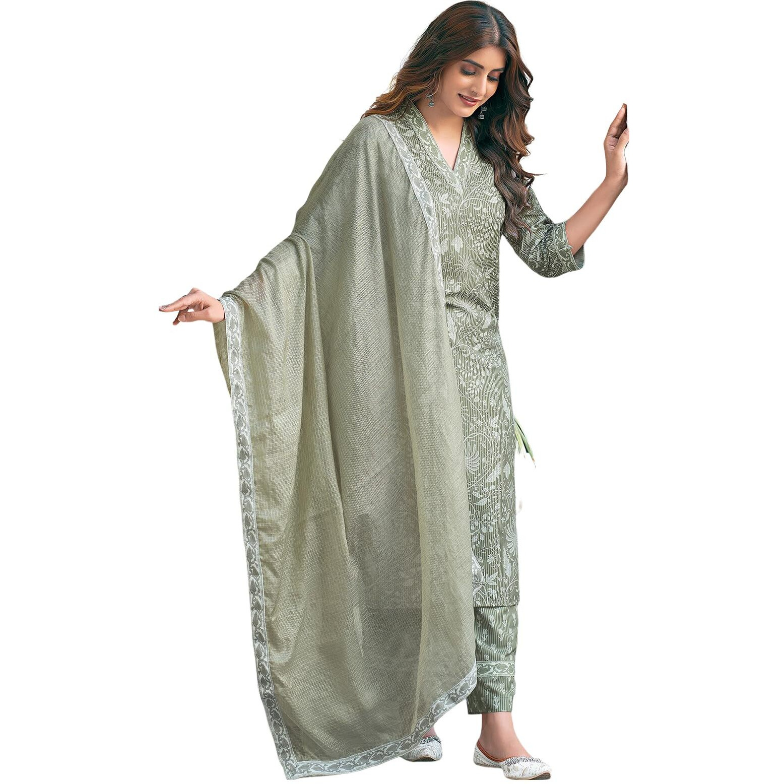 Sanisa Women's Rayon Blend Floral Printed Straight Kurta With Pant And Dupatta | Ethnic Set | Suit Set | Kurta Set(164Kbd1764N-S_Tea Green & White)