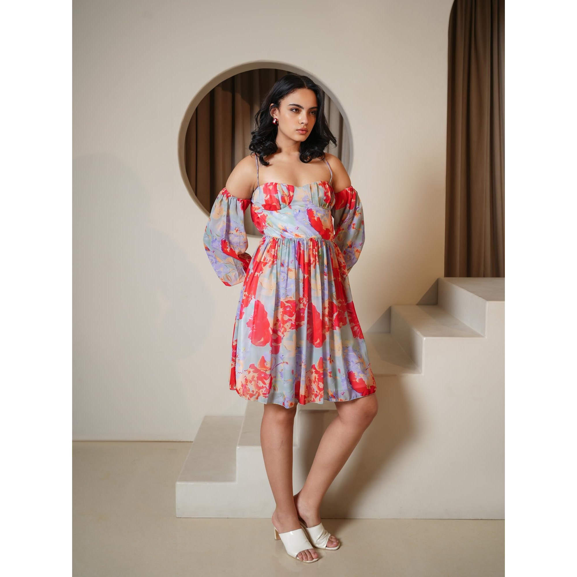 Purvaja Womens Fit & Flare Above Knee Length Dress (Floe-030_Orange_Large)
