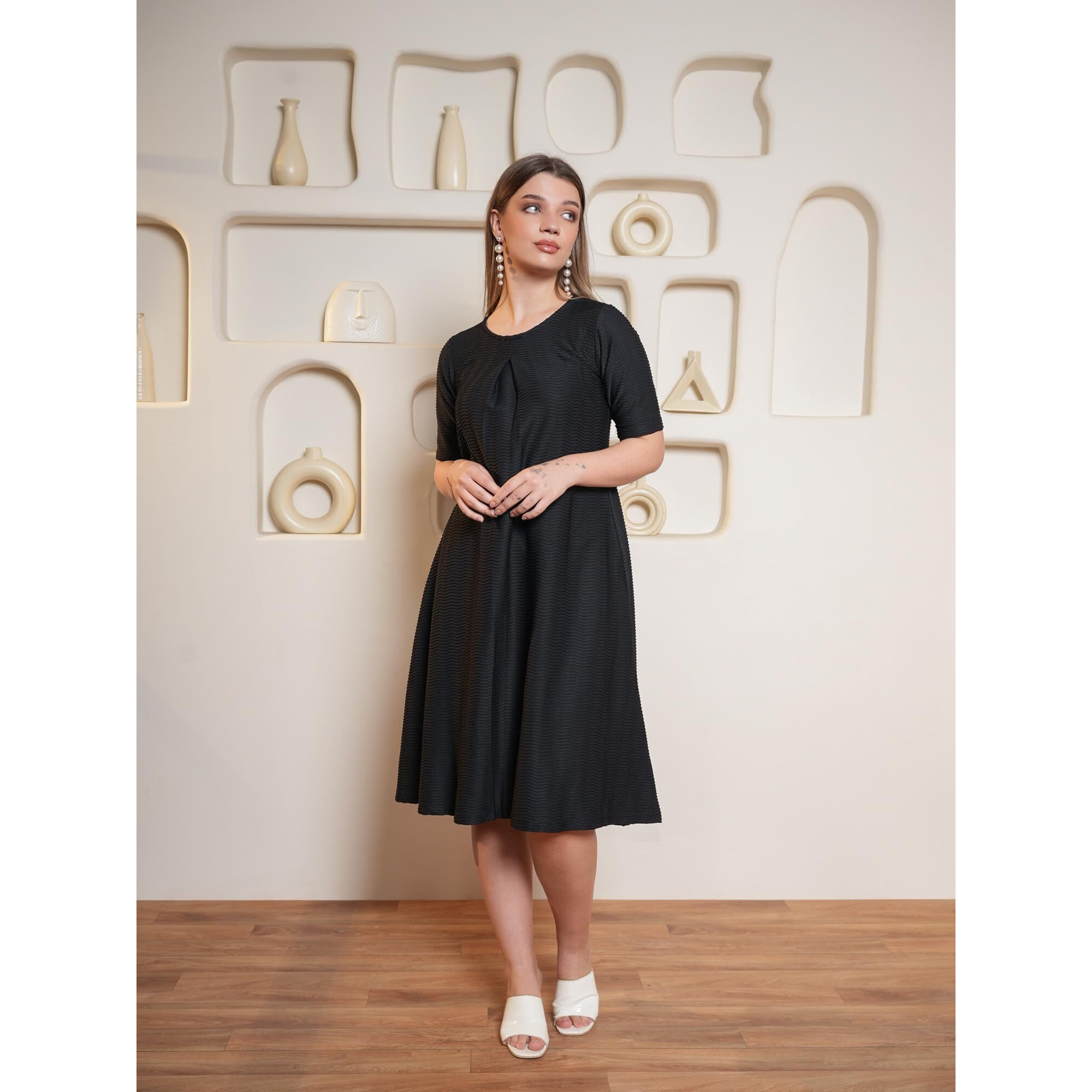 Purvaja Womens A-Line Midi Length Dress (Yuvi-054-Black_Black_Xx-Large)