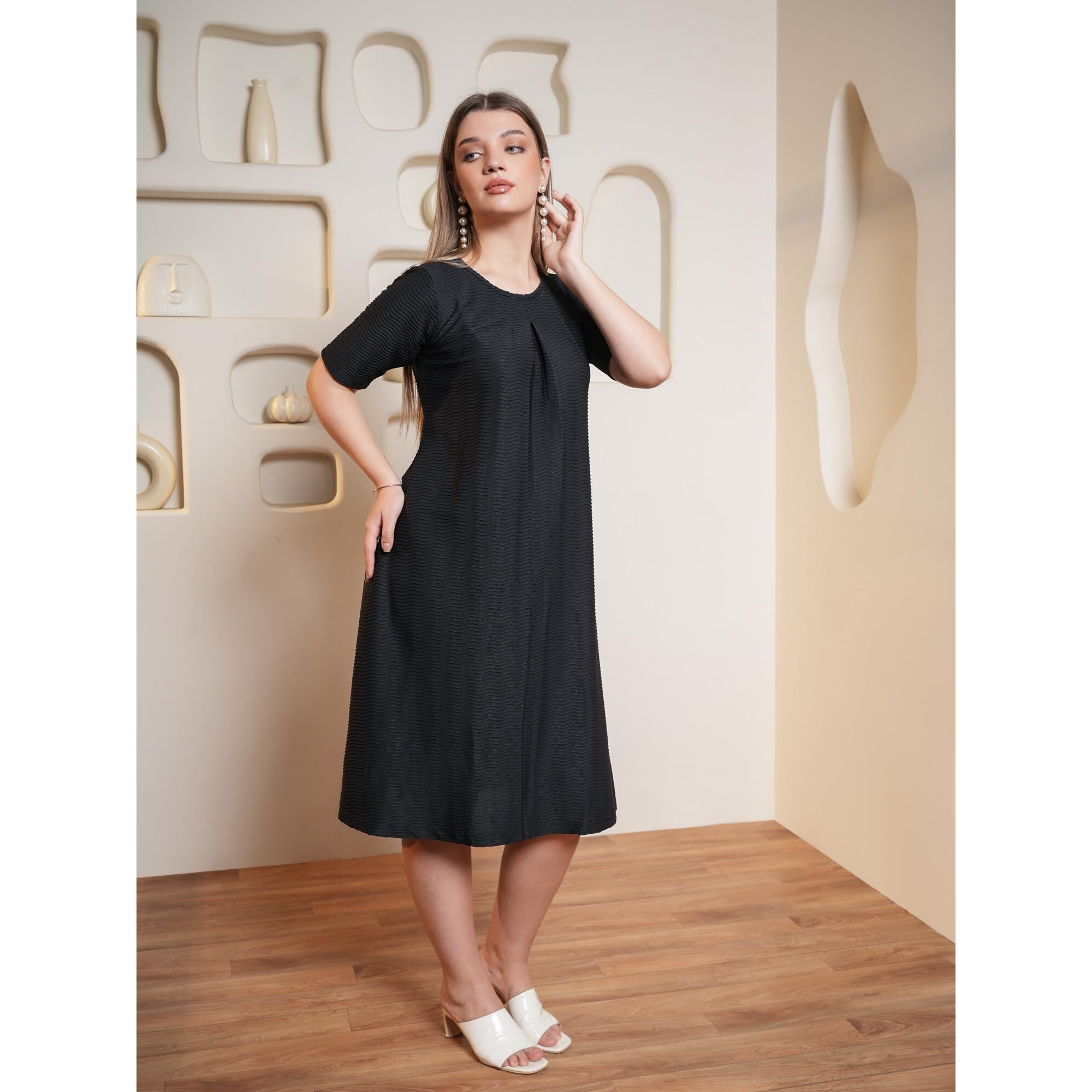Purvaja Womens A-Line Midi Length Dress (Yuvi-054-Black_Black_Xx-Large)