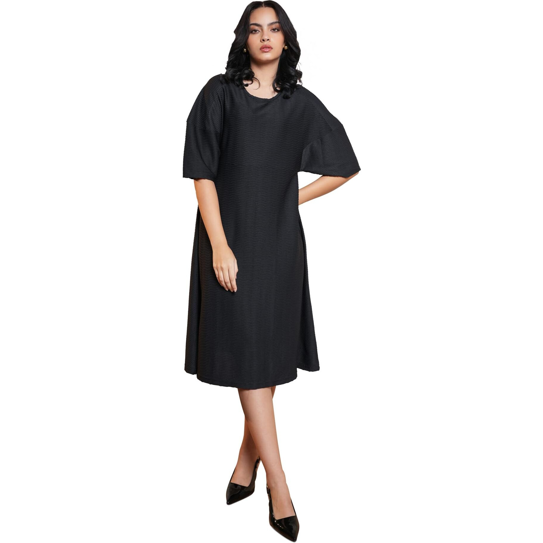 Purvaja Womens A-Line Midi Length Dress (Yuvi-044-Black_Black_X-Large)