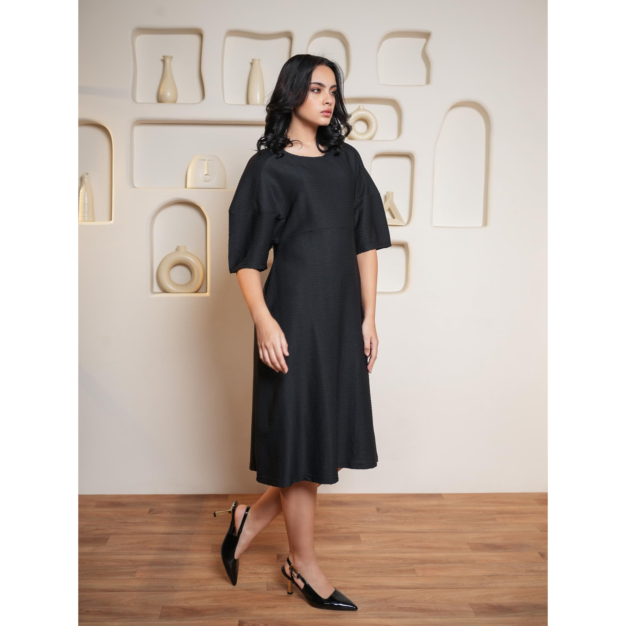 Purvaja Womens A-Line Midi Length Dress (Yuvi-044-Black_Black_X-Large)