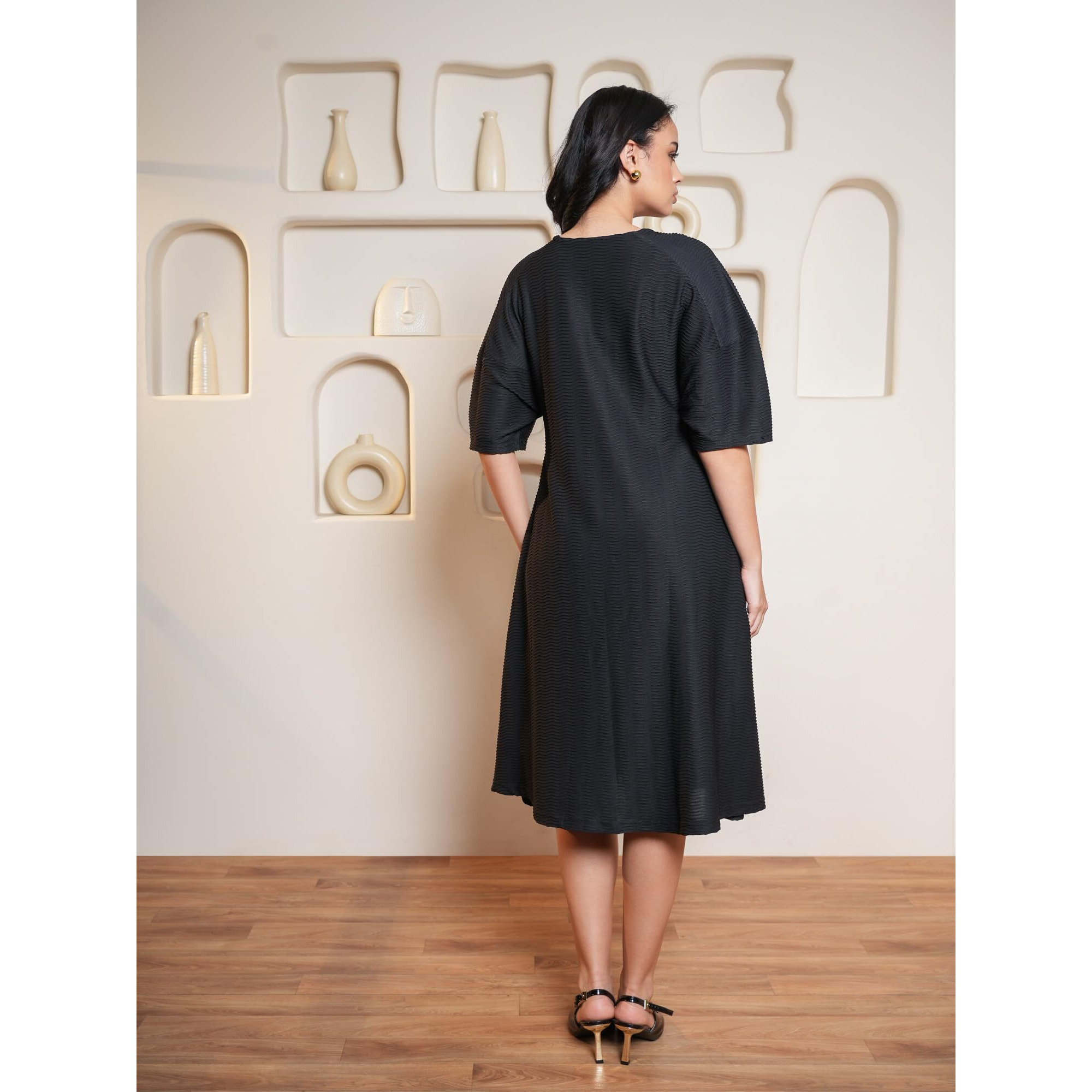 Purvaja Womens A-Line Midi Length Dress (Yuvi-044-Black_Black_X-Large)