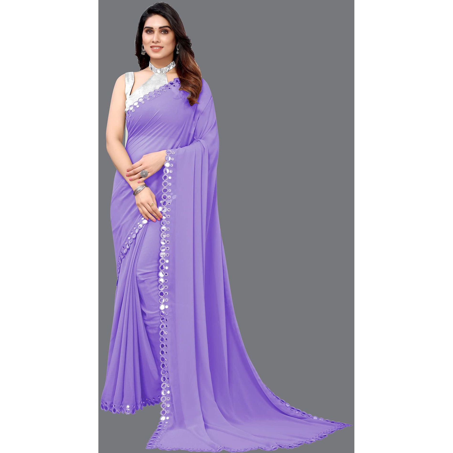 Satrani Women's Dyed Georgette Saree With Unstitched Blouse Piece (2842S734N_Lavender)