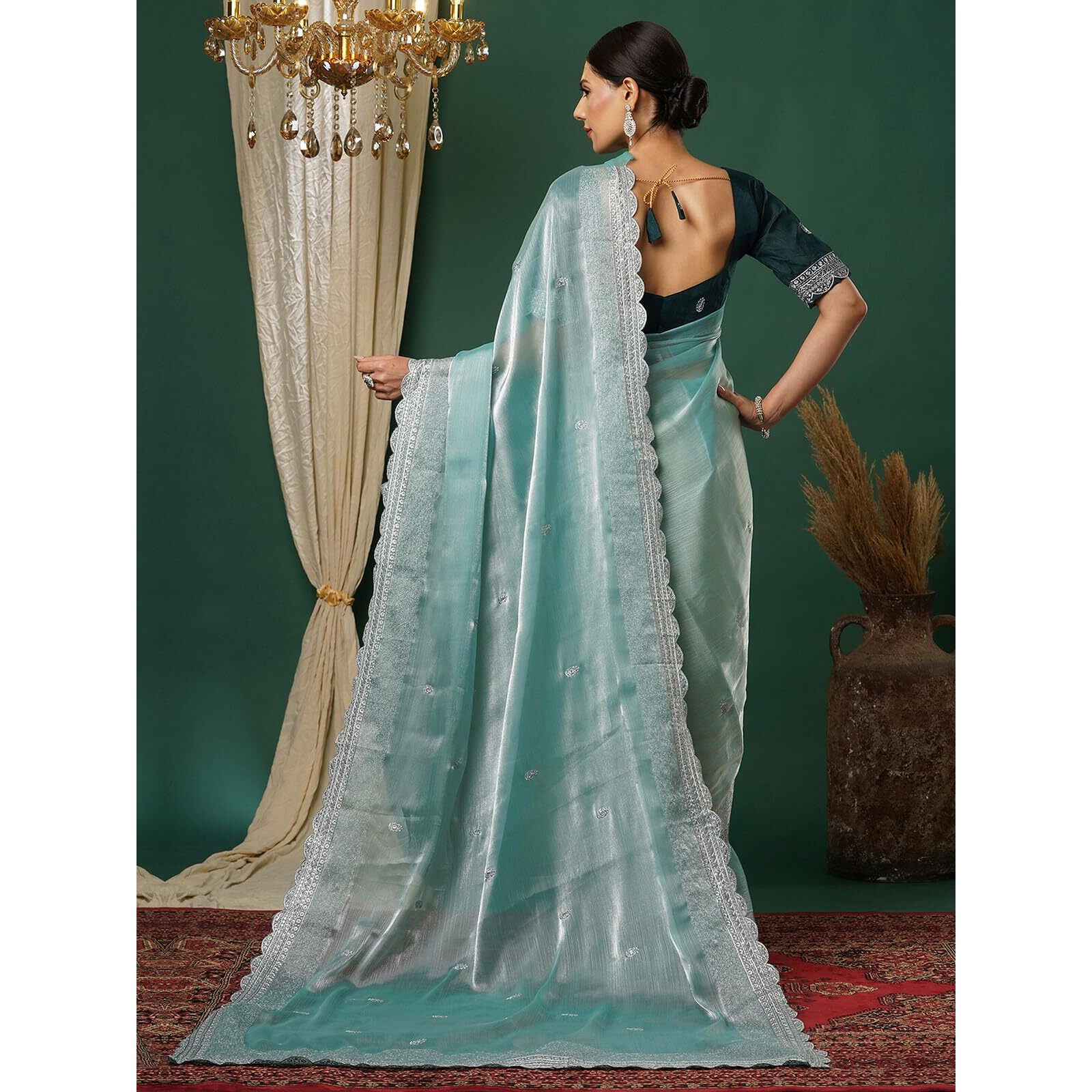 Satrani Women's Tissue Silk Sequence Embroidery Scalloped Border Saree With Unstitched Blouse Piece (3900S131N_Sky Blue)