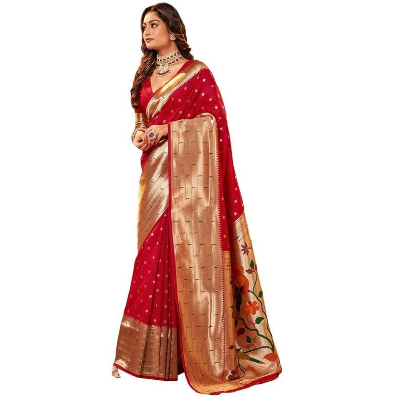 Satrani Women's Silk Paithani Jacquard Saree With Unstitched Blouse Piece (3522S1125N_Dark Red)