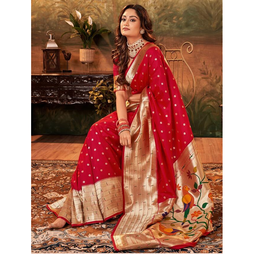 Satrani Women's Silk Paithani Jacquard Saree With Unstitched Blouse Piece (3522S1125N_Dark Red)