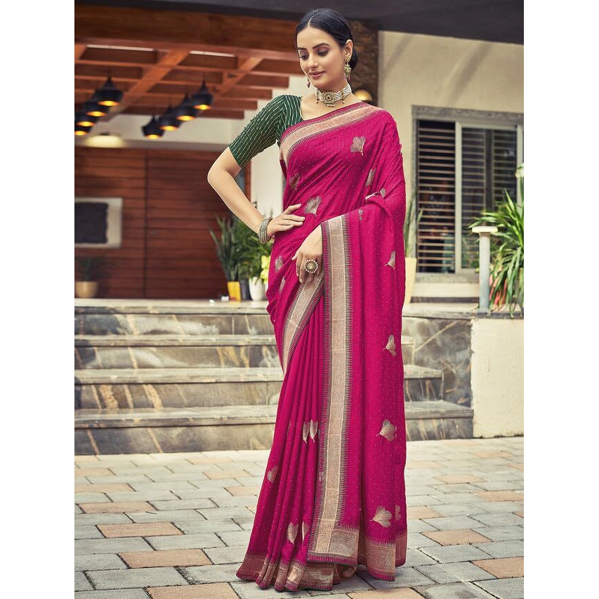 Satrani Women's Poly Silk Embroidery With Stone Work Saree With Unstitched Blouse Piece (3430S271N_Rani Pink)