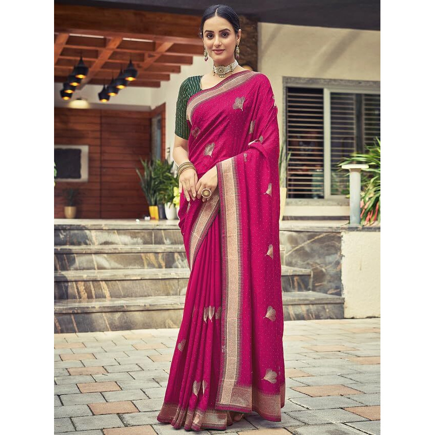 Satrani Women's Poly Silk Embroidery With Stone Work Saree With Unstitched Blouse Piece (3430S271N_Rani Pink)