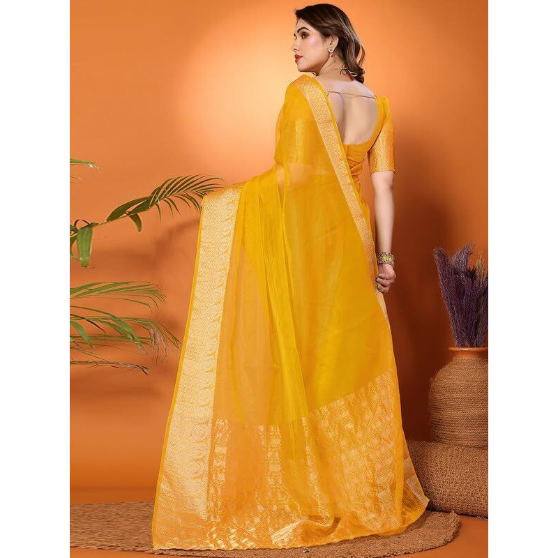 Satrani Women's Organza Dyed & Woven Zari Patta & Jacquard Saree With Unstitched Blouse Piece (3276S252N_Turmeric Yellow4)