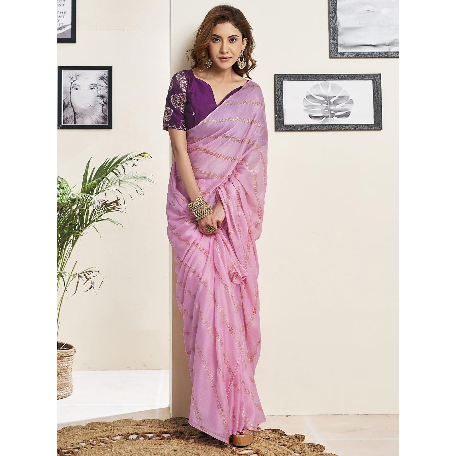 Satrani Women's Chiffon Foil Printed Saree With Unstitched Blouse Piece (3794S1572N_Light Pink)