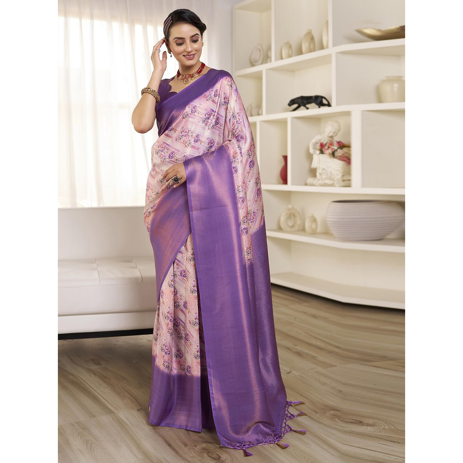 Satrani Women's Silk Floral Printed Jacquard Ready To Wear Saree With Unstitched Blouse Piece (11Rs125N_Light Pink & Purple & Multi)