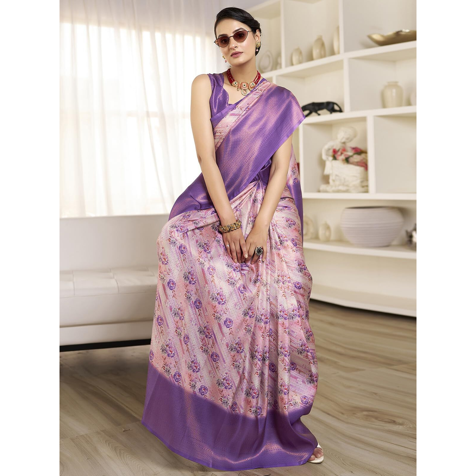 Satrani Women's Silk Floral Printed Jacquard Ready To Wear Saree With Unstitched Blouse Piece (11Rs125N_Light Pink & Purple & Multi)