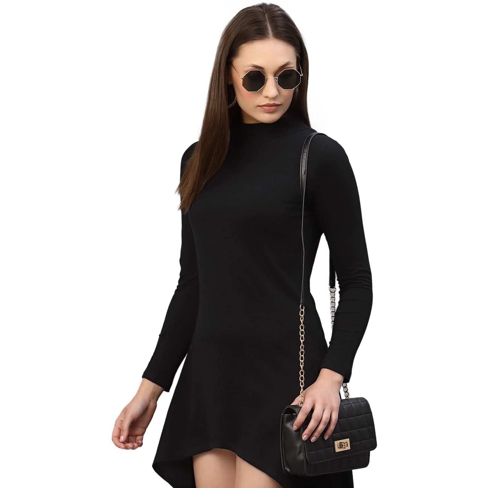 Rigo Women Black High-Low Full Sleeve Round Neck Dress