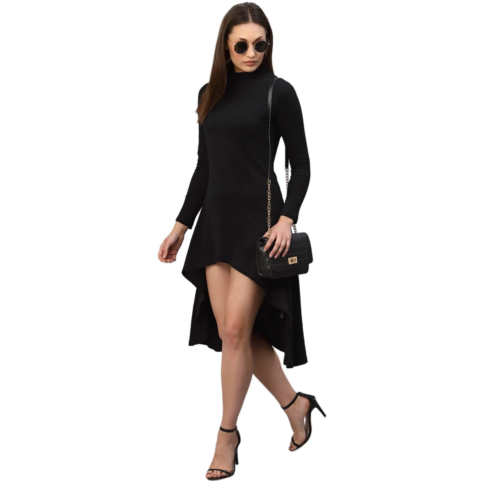 Rigo Women Black High-Low Full Sleeve Round Neck Dress