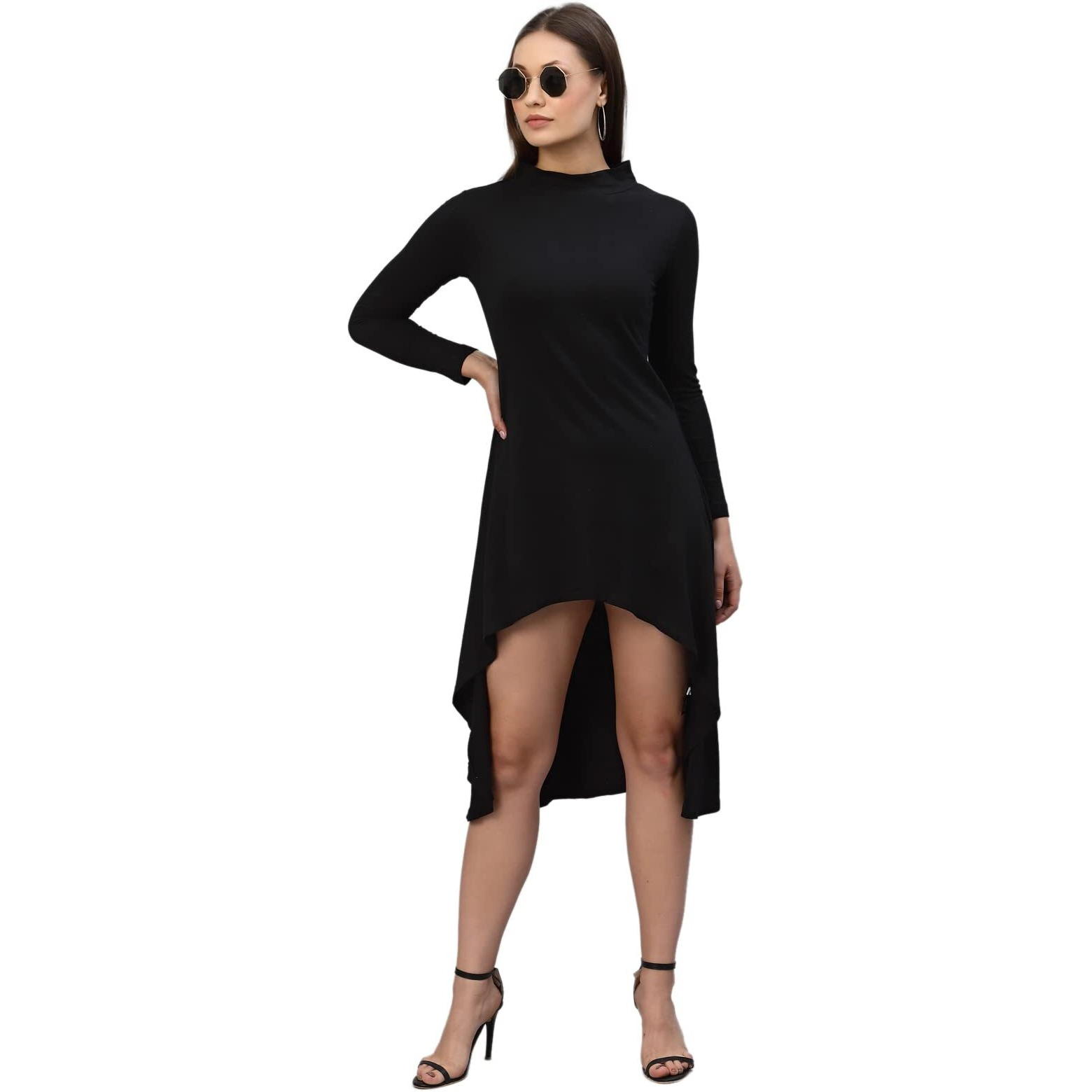 Rigo Women Black High-Low Full Sleeve Round Neck Dress