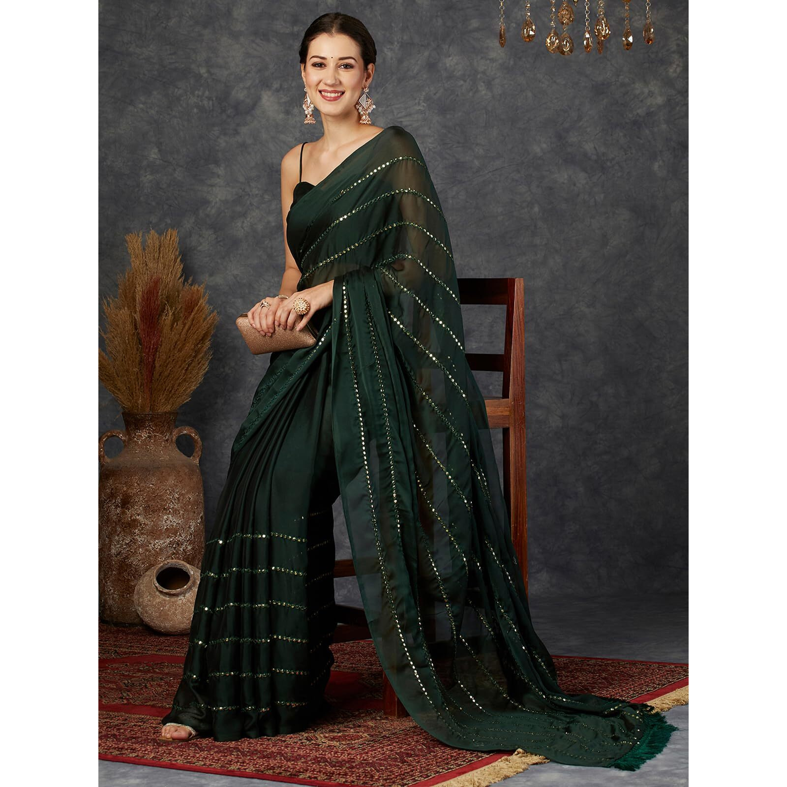 Satrani Women's Georgette Embellished Work Saree With Unstitched Blouse Piece (3782S393N_Dark Green)