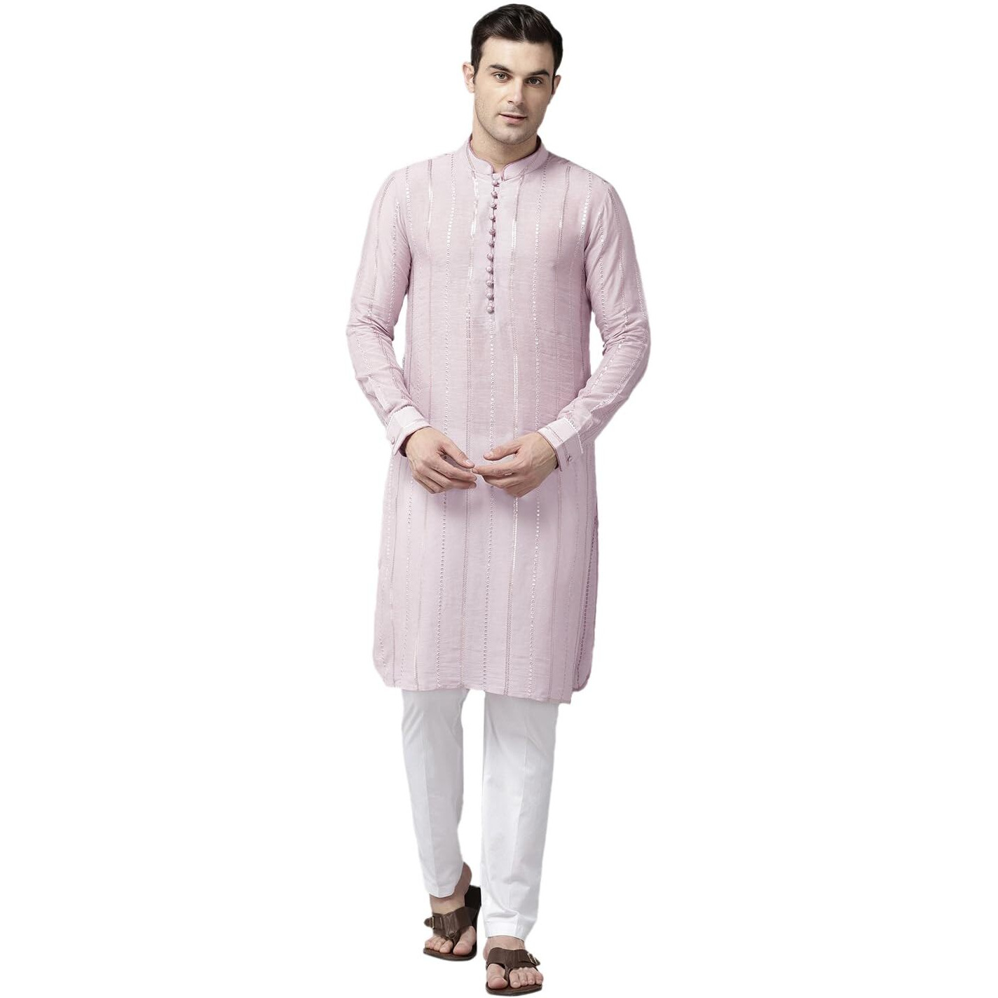 See Designs Pink & White Regular Fit Kurta Set Mandarin Collar Long Sleeves_Sdmskt128301L