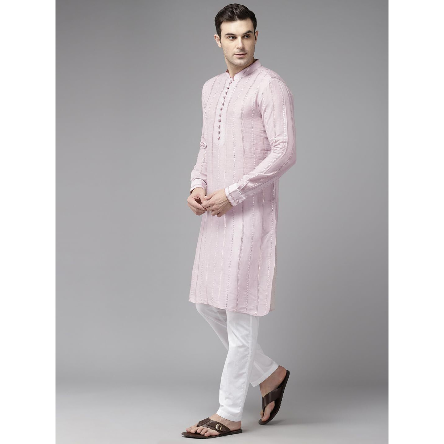 See Designs Pink & White Regular Fit Kurta Set Mandarin Collar Long Sleeves_Sdmskt128301L