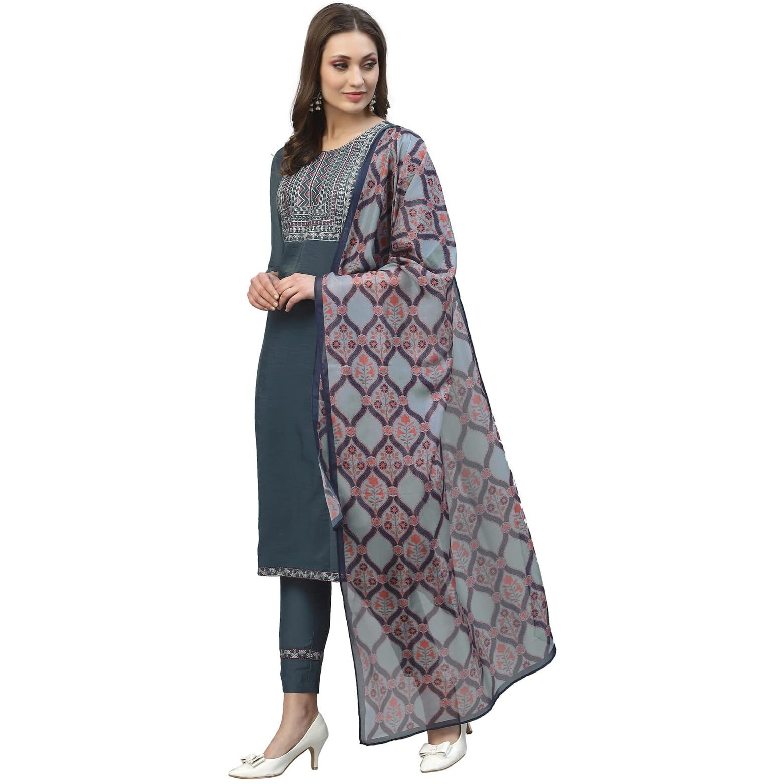Sanisa Women's Chinnon Embroidery Straight Kurta Set With Dupatta (10Kbdn191-M_Grey)
