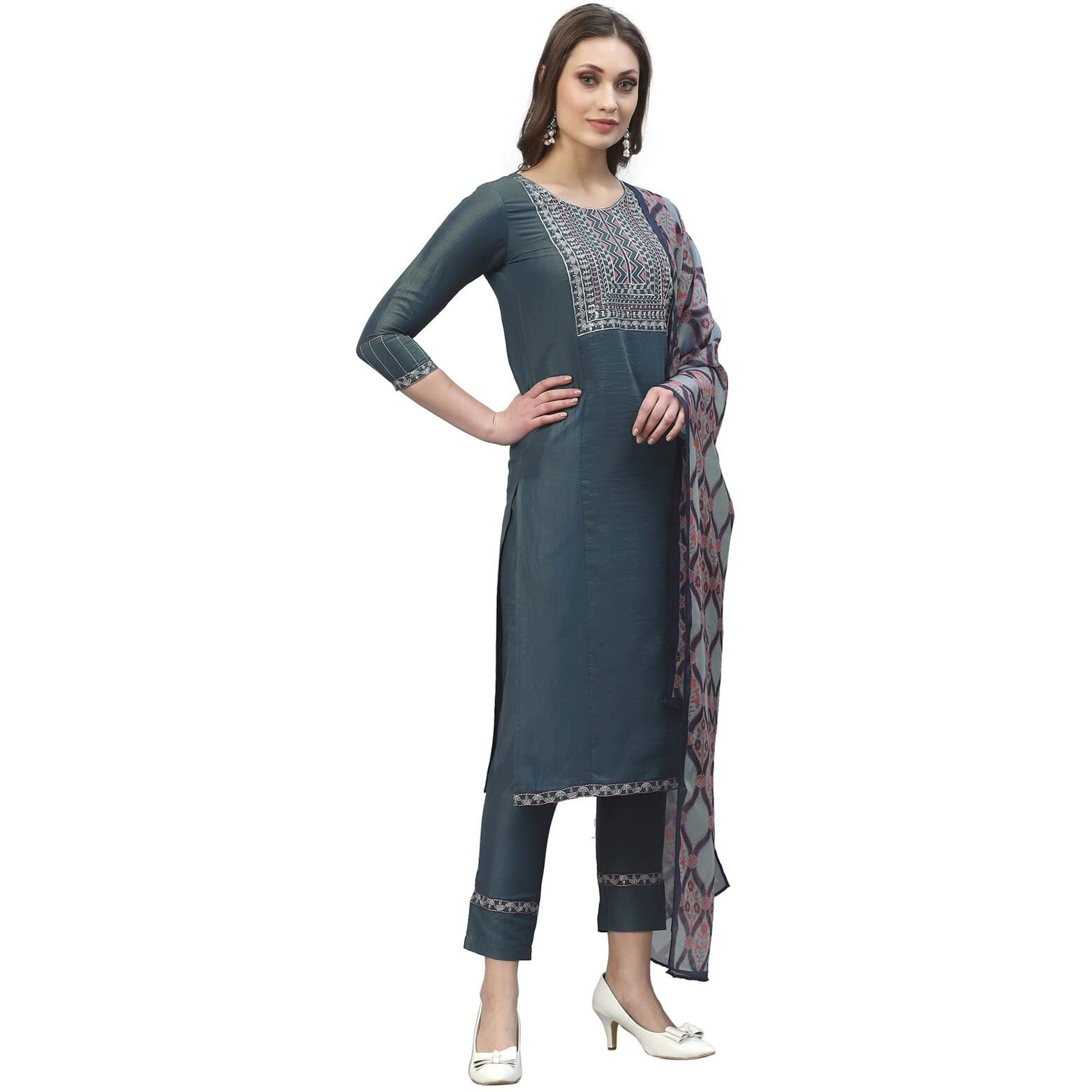 Sanisa Women's Chinnon Embroidery Straight Kurta Set With Dupatta (10Kbdn191-M_Grey)