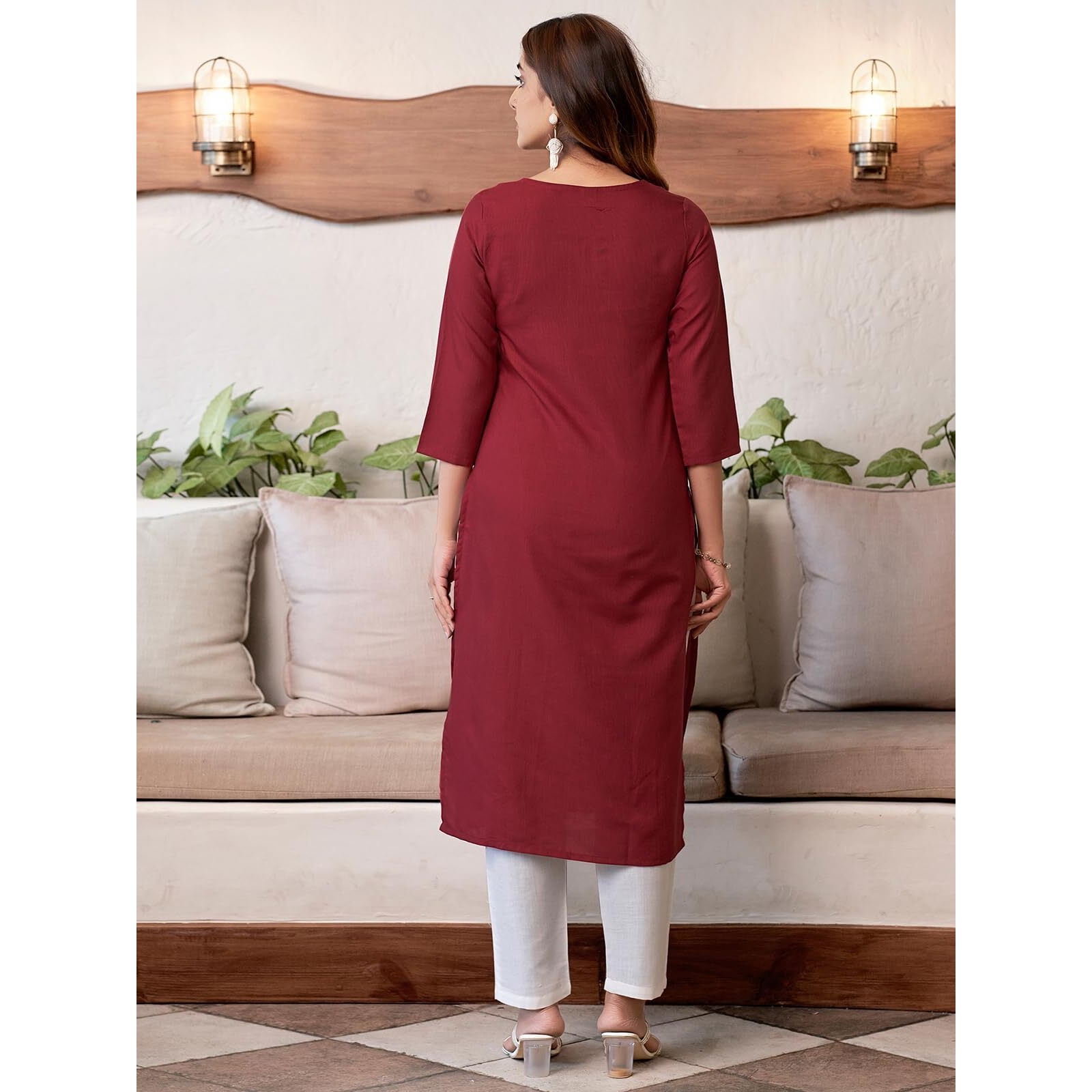 Sanisa Women's Cotton Blend Chikankari Embroidered Straight Kurti (475K10035N-S_Maroon)