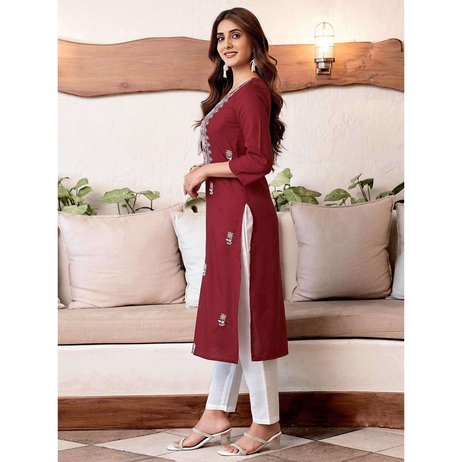 Sanisa Women's Cotton Blend Chikankari Embroidered Straight Kurti (475K10035N-S_Maroon)